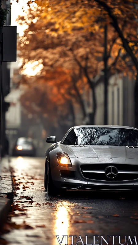 Silver Mercedes SLS AMG on rain-soaked urban street in autumn