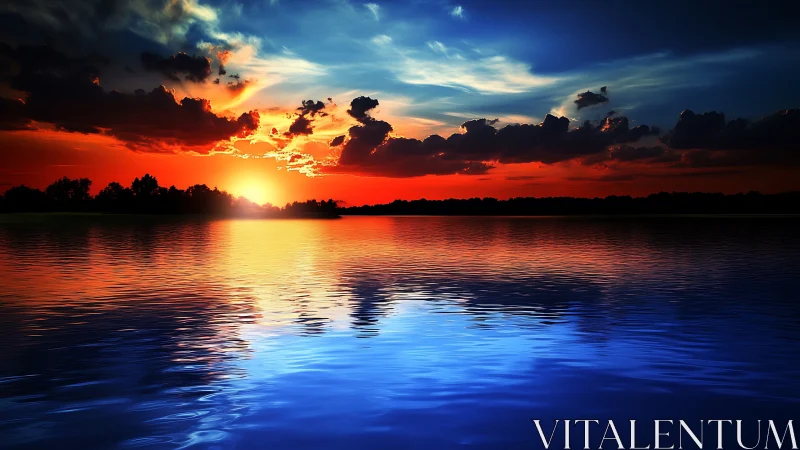 High-saturation sunset sky over rippled reflective lake horizon