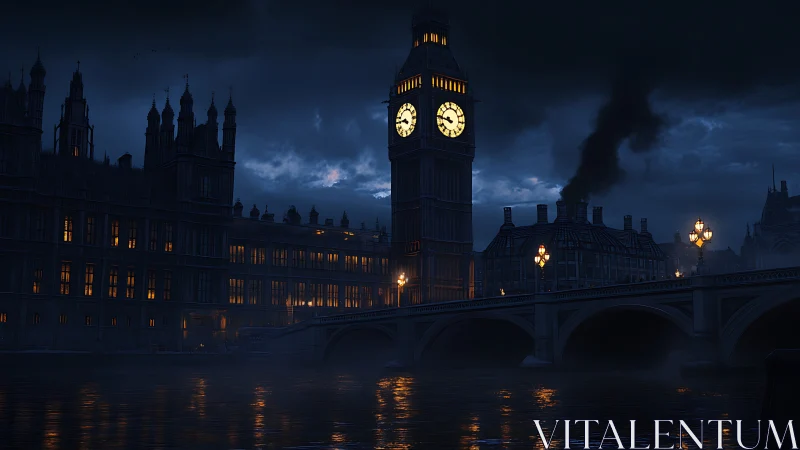 Clock tower and Westminster Bridge at night over river Thames.