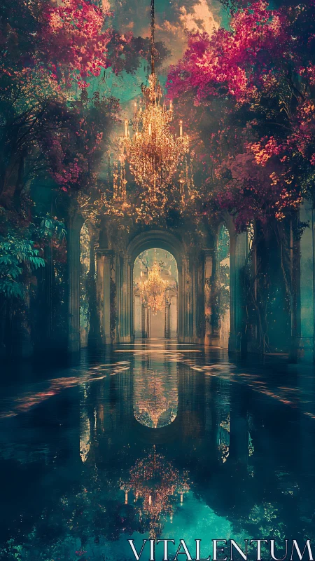 Opulent crystal chandeliers illuminate a flooded arboreal hall