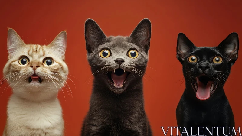 Three Cats with Open Mouths Against Red Background.