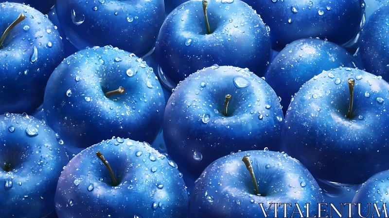 Cobalt blue apples with dewdrops in hyperreal close-up grid.