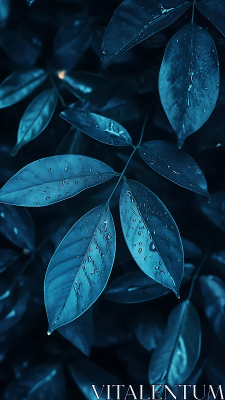 Blue toned leaves with water droplets under low key light