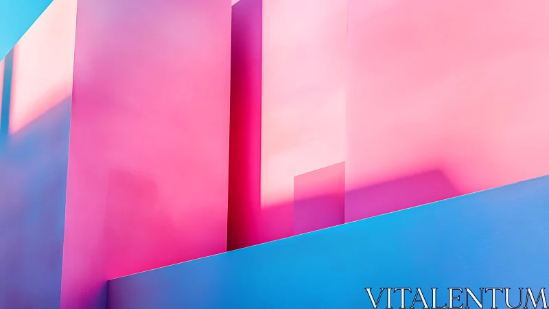Geometric pastel blocks glow in soft pink and blue gradients.