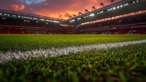 Low angle stadium turf study with shallow depth and sunset lighting