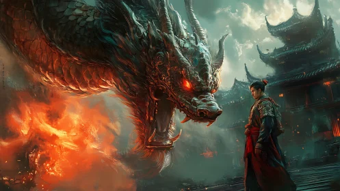 Armored fire dragon confronting warrior in stormlit temple courtyard