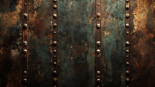Riveted oxidized metal wall with industrial patina detail.