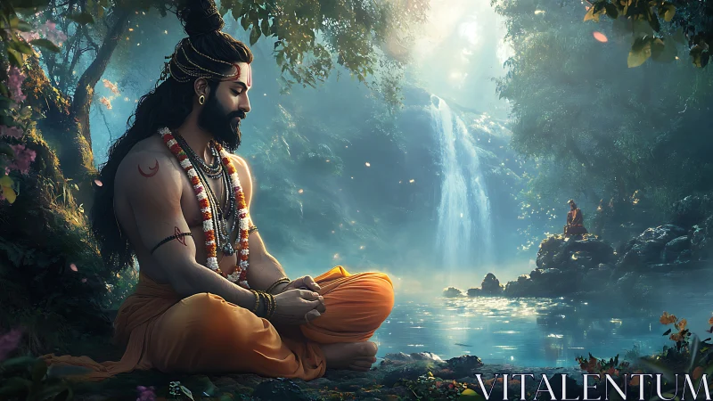 Meditating sage rests by luminous jungle waterfall in peace.