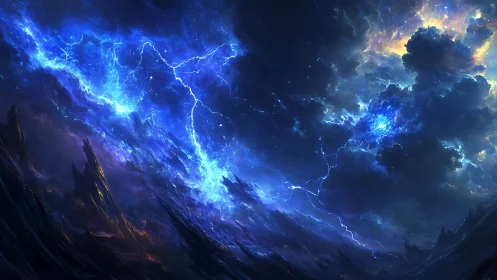 Cosmic stormscape with electric nebula over jagged terrain.