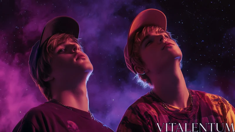 Neon twin portraits under cosmic purple and blue sky.