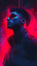 Neon-lit profile of man in sunglasses exudes cyber cool.
