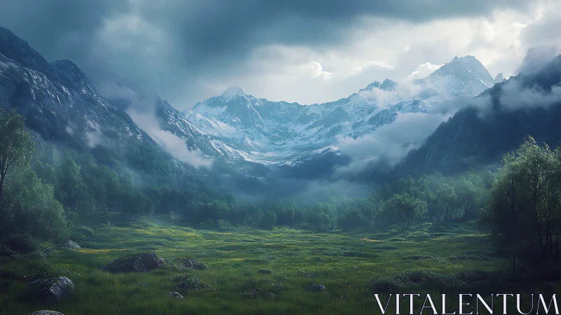 Misty alpine valley under dramatic snowcapped peaks.