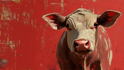 Bovine portrait against distressed red abstract field.