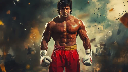 Champion Boxer in Dynamic Combat Stance Amid Debris.