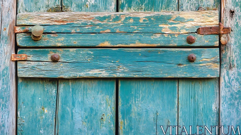 Weather-told turquoise door with rust-kissed wooden locks.