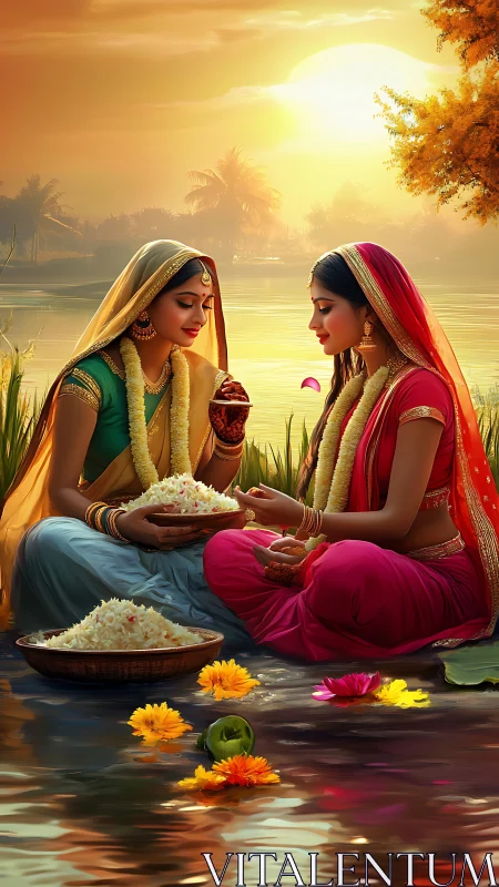 Two women sharing food by riverside at warm golden sunset.