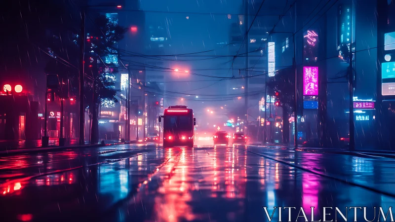 Neon-lit rainy avenue with tram and cars in cyberpunk dusk