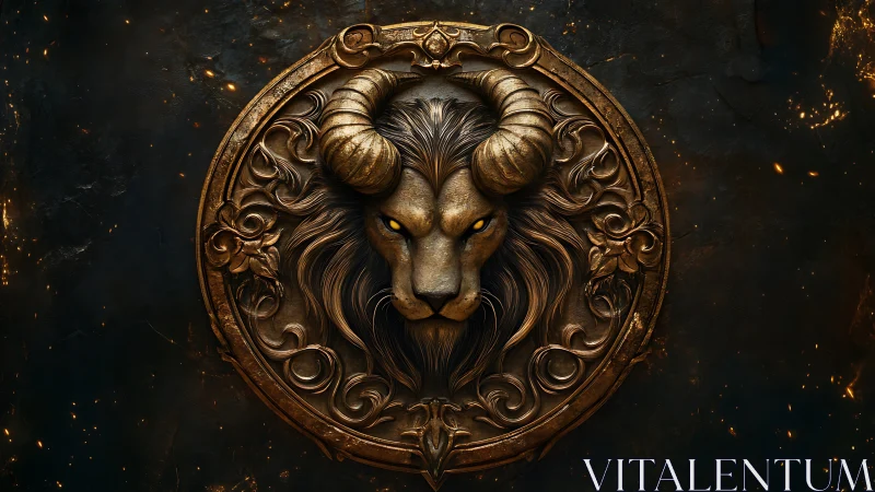 Bronze lion crest with ram horns in dark circular emblem.