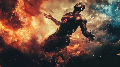 Digital athlete figure is centered within fire and smoke