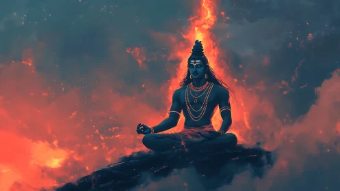 Divine yogic deity in lava-lit clouds with teal contrast.