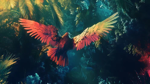 Radiant parrot soars through a glowing dreamlike jungle sky