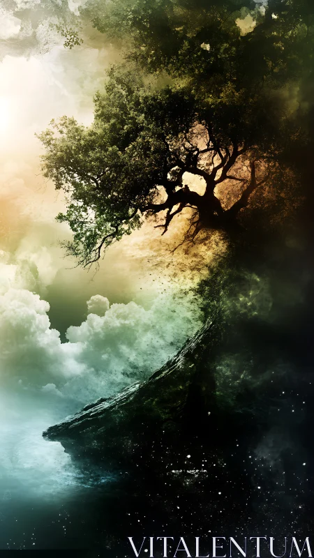 Twisting cliffside tree bridging clouds and cosmic void.