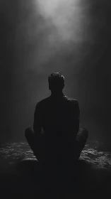 Backlit seated silhouette under axial spotlight diffusion.