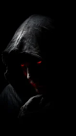 Hooded figure with red illuminated eyes occupies dark frame