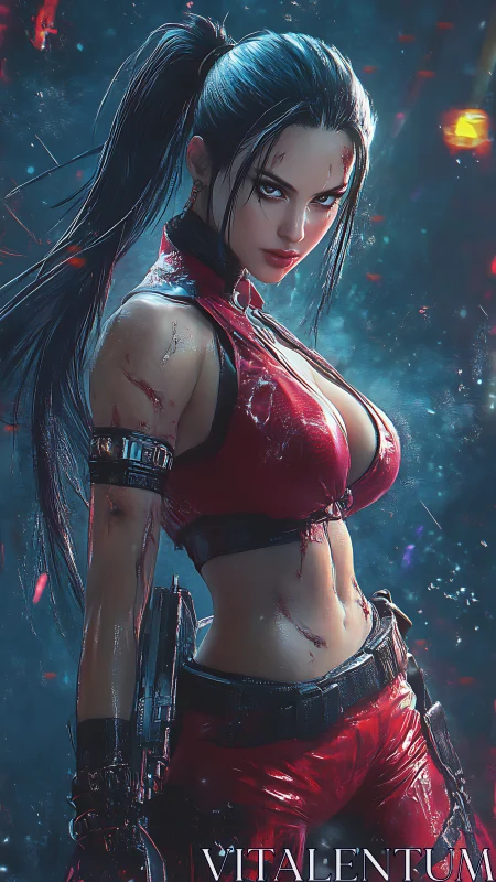 Battle-hardened cyber mercenary in red tactical armor stance.