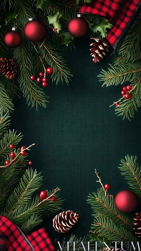 Symmetrical Christmas border uses fir, matte baubles and pinecones