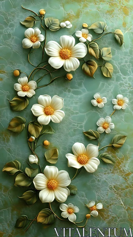 Embossed white blossoms curl across aqua marble relief