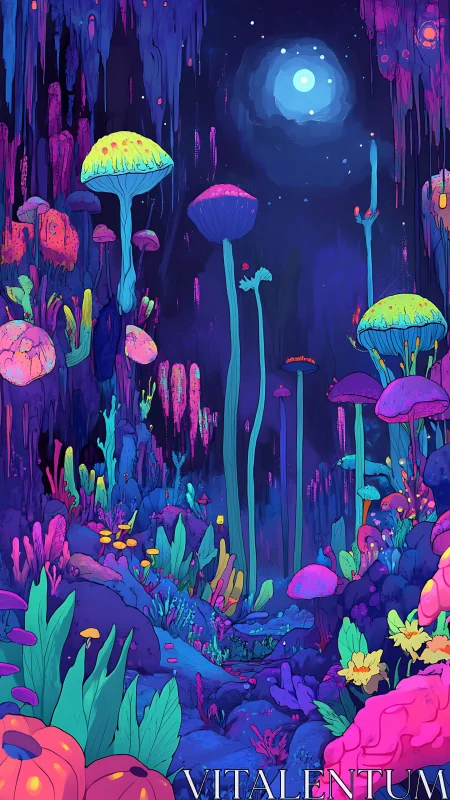 Bioluminescent alien forest rendered in neon chromatic gradients