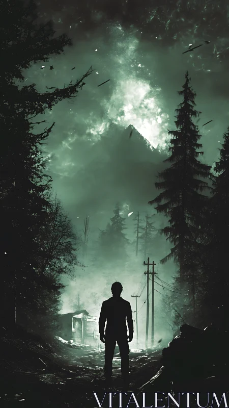 Lone wanderer pauses beneath a storm lit mountain sky