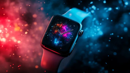 Smartwatch displays vivid cosmic dial amid neon bokeh glow