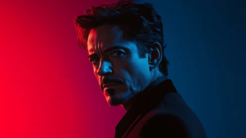 Brooding neon portrait split by red and blue tension.