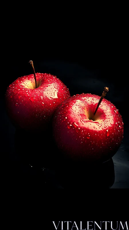 Twin ruby apples trade starlit raindrops in velvet dark