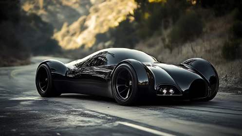 Aerodynamic black concept hypercar on deserted mountain road.