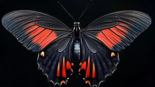 Black butterfly with vivid red and blue patterned wings.