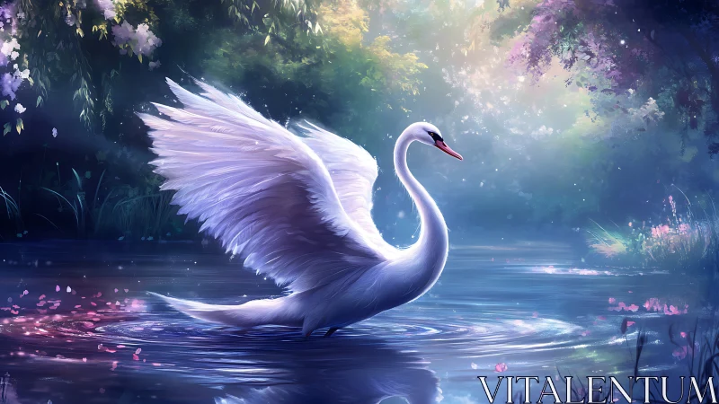 Luminous white swan with extended wings on iridescent pond.