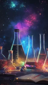 Laboratory glassware refracts nebula light in spectral color layers