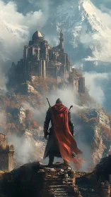Lone wanderer gazes toward a misty mountain stronghold.