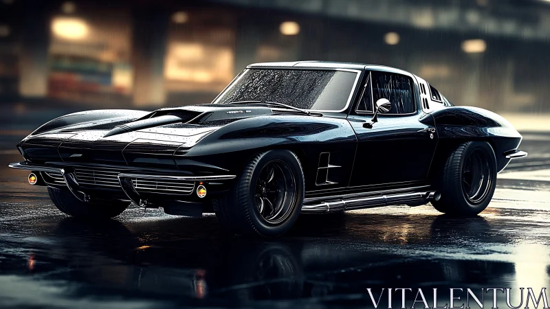 Black classic muscle car rendered on wet urban street at night