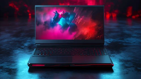 Gaming laptop with neon backlight and vivid display screen.