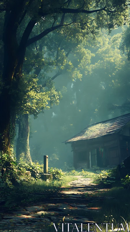 Abandoned House Among Ancient Trees in Golden Haze.