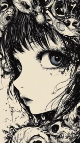 Ink-splatter biomech portrait of wide-eyed anime profile.