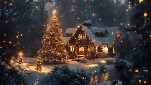 Snowy cottage glows under golden Christmas lights at dusk.