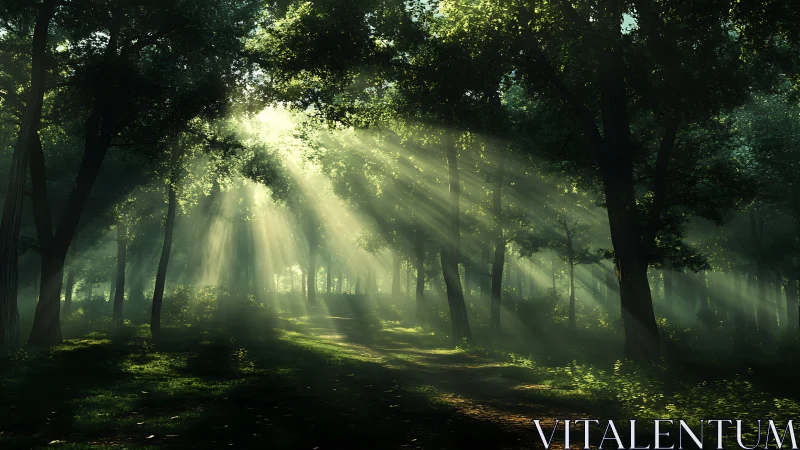 Sunlit forest path glows under radiant morning beams.