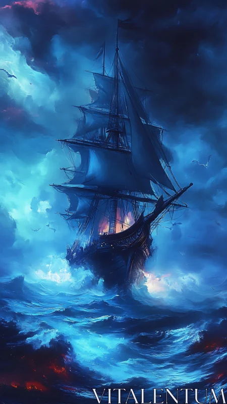 Stormlit ghost galleon carves neon firepaths through waves