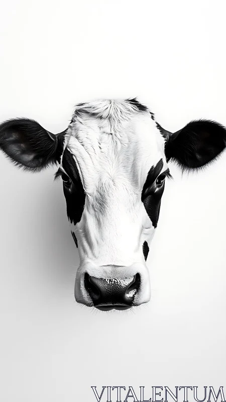Monochrome cow portrait floating in a crisp white abyss.