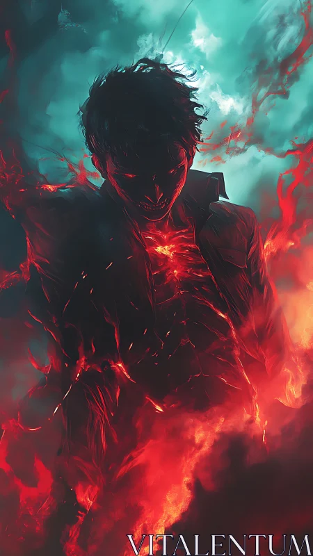 Infernal figure igniting within stormlit cyan clouds.